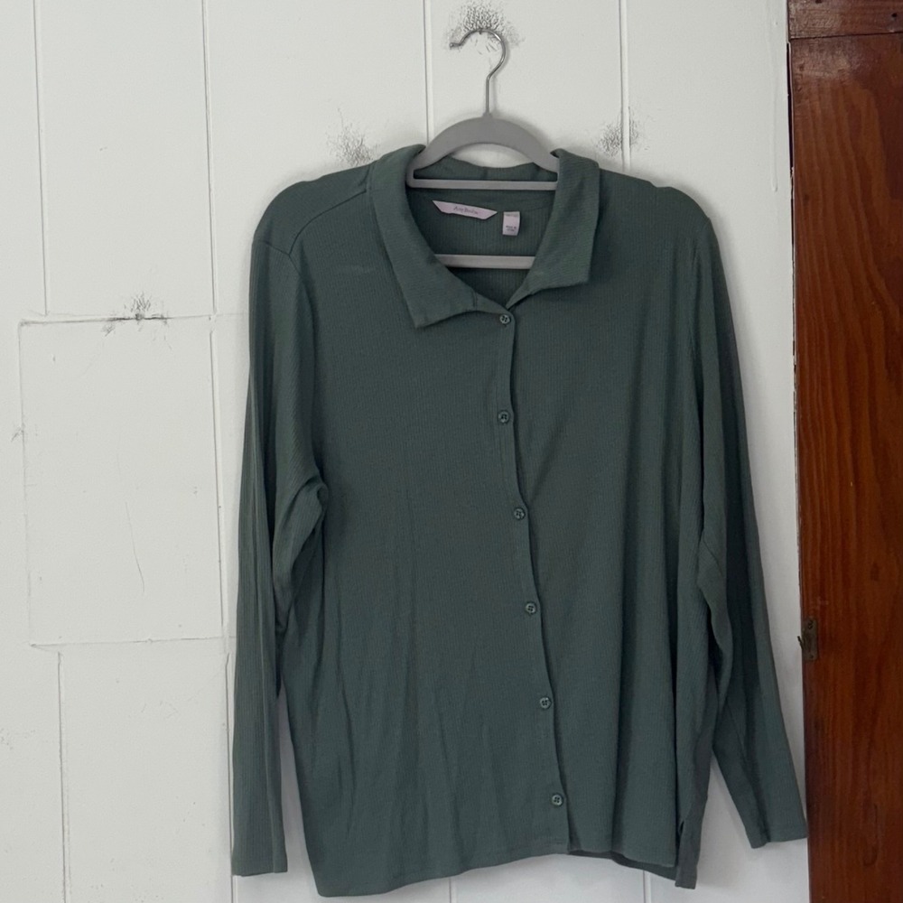 AnyBody Ribbed Henley Long Sleeve Shirt‎ Olive Green XL Casual Comfort